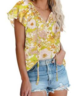 AOISAGULA Damen Chiffon Bluse V-Ausschnitt Top Kurzarm Sommer Oberteil Floral Print Shirts Locker Tee with Band Gelb Blume S von AOISAGULA