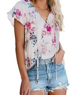 AOISAGULA Damen Chiffon Bluse V-Ausschnitt Top Kurzarm Sommer Oberteil Floral Print Shirts Locker Tee with Band Lila Blume M von AOISAGULA