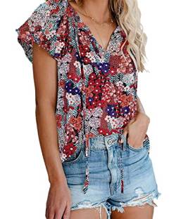 AOISAGULA Damen Chiffon Bluse V-Ausschnitt Top Kurzarm Sommer Oberteil Floral Print Shirts Locker Tee with Band NRot Blume L von AOISAGULA