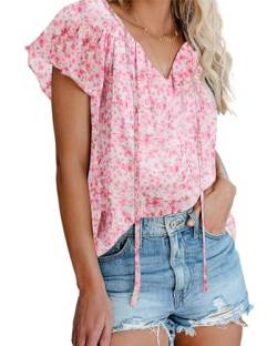 AOISAGULA Damen Chiffon Bluse V-Ausschnitt Top Kurzarm Sommer Oberteil Floral Print Shirts Locker Tee with Band Rosa S von AOISAGULA