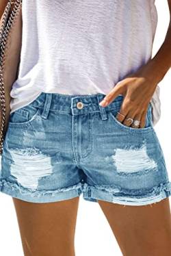AOISAGULA Damen Denim Shorts Retro-Stil Hot Pants Loch Kurze Jeans mit Taschen für Sommer Blau M von AOISAGULA