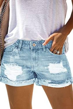 AOISAGULA Damen Denim Shorts Retro-Stil Hot Pants Loch Kurze Jeans mit Taschen für Sommer Himmelblau XL von AOISAGULA