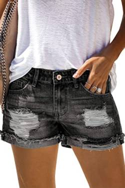 AOISAGULA Damen Denim Shorts Retro-Stil Hot Pants Loch Kurze Jeans mit Taschen für Sommer Schwarz L von AOISAGULA