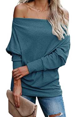 AOISAGULA Damen Pullover Top Schulterfrei Oberteile Lange Ärmel Sweatshirt Herbst Sweater Winter Shirt Blau L von AOISAGULA