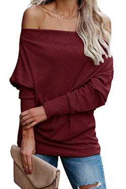 AOISAGULA Damen Pullover Top Schulterfrei Oberteile Lange Ärmel Sweatshirt Herbst Sweater Winter Shirt Rot M von AOISAGULA