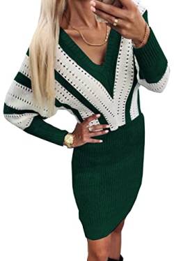 AOISAGULA Damen Pulloverkleid V-Ausschnitt Strickkleid Winter Langarm Mini Bodycon Colorblock Kleider Herbst Grün XL von AOISAGULA