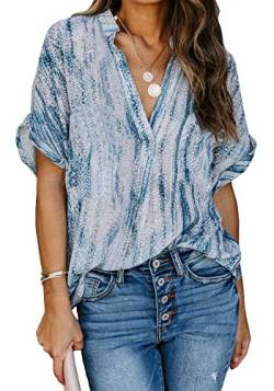 AOISAGULA Damen Sommer Bluse V-Ausschnitt Kurzarm Shirt Casual Oberteile Lose Fit Tops Tunika für Frauen Blau M von AOISAGULA