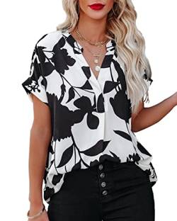 AOISAGULA Damen Sommer Bluse V-Ausschnitt Kurzarm Shirt Casual Oberteile Lose Fit Tops Tunika für Frauen Schwarze Blume S von AOISAGULA