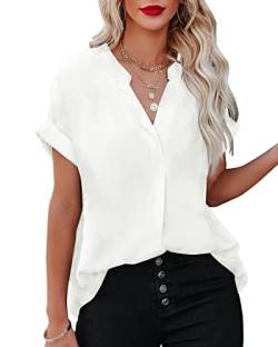 AOISAGULA Damen Sommer Bluse V-Ausschnitt Kurzarm Shirt Casual Oberteile Lose Fit Tops Tunika für Frauen Weiß L von AOISAGULA