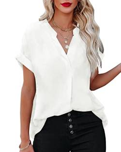 AOISAGULA Damen Sommer Bluse V-Ausschnitt Kurzarm Shirt Casual Oberteile Lose Fit Tops Tunika für Frauen Weiß M von AOISAGULA