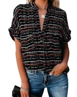 AOISAGULA Damen Sommer Bluse V-Ausschnitt Kurzarm Shirt Casual Oberteile Lose Fit Tops Tunika für Frauen Ziegelrote Linie M von AOISAGULA