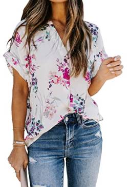 AOISAGULA Damen Sommer Bluse V-Ausschnitt Kurzarm Shirt Casual Oberteile Lose Fit Tops Tunika für Frauen lila M von AOISAGULA