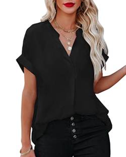 AOISAGULA Damen Sommer Bluse V-Ausschnitt Kurzarm Shirt Casual Oberteile Lose Fit Tops Tunika für Frauen schwarz L von AOISAGULA