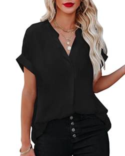 AOISAGULA Damen Sommer Bluse V-Ausschnitt Kurzarm Shirt Casual Oberteile Lose Fit Tops Tunika für Frauen schwarz S von AOISAGULA