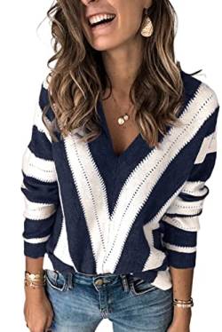 AOISAGULA Damen Sweaters Pullover Lange Ärmel Winter Oberteile V-Ausschnitt Shirts Herbst Farbblock Tops Dunkelblau XL von AOISAGULA