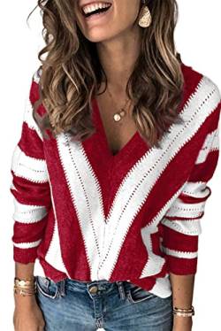 AOISAGULA Damen Sweaters Pullover Lange Ärmel Winter Oberteile V-Ausschnitt Shirts Herbst Farbblock Tops Rot XL von AOISAGULA