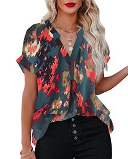 AOISAGULA Frauen Sommer Bluse Casual Kurzarm Tops V-Ausschnitt Shirt Lose Tunika Leicht für Damen Grün L von AOISAGULA