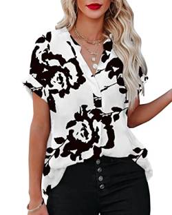 AOISAGULA Frauen Sommer Bluse Casual Kurzarm Tops V-Ausschnitt Shirt Lose Tunika Leicht für Damen Schwarze Blume332 M von AOISAGULA