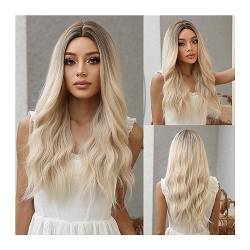 Perücke Natürliche Haar Platinblonde Ombre-Synthetik-Perücken, mittlerer Teil, Cosplay, lange Platin-Perücke mit natürlichen Wellen, for Frauen, Afro, täglich, hitzebeständig Haarperücken für täglich von AOKLEY