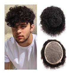 Toupet für Männer Afro-gelocktes Toupet for Männer, menschliches Haarsystem, feines Mono- und NPU-Toupet for Männer mit dünner Haut, indisches Remy-Haar, 15,2 cm, wassergelocktes Männer-Haarteil Perüc von AOKLEY