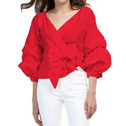 AOMEI Frauen Frühling Sommer Blusen mit Puffärmeln Schärpen Shirts Tops, Rot/Ausflug, einfarbig (Getaway Solids), Klein von AOMEI