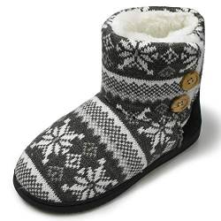 AONEGOLD Damen Herren Hausschuhe Plüsch Gefüttert Hausstiefel Winter Warm Hüttenstiefel Bequeme Flauschige Gestrickte rutschfeste Hüttenschuhe(Grau,Größe 38-39) von AONEGOLD