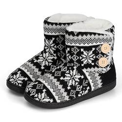 AONEGOLD Damen Herren Hausschuhe Plüsch Gefüttert Hausstiefel Winter Warm Hüttenstiefel Bequeme Flauschige Gestrickte rutschfeste Hüttenschuhe(Schwarz,Größe 38-39) von AONEGOLD