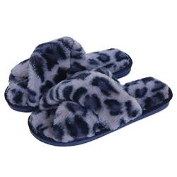 AONEGOLD Hausschuhe Damen Winter Wärme Plüsch Fluffy Pantoffeln Indoor Home rutschfeste Bequem Flache Open Toe Slippers Mode Leopardenmuster(Blau,Größe 38-39) von AONEGOLD