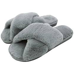 AONEGOLD Hausschuhe Damen Winter Warm Fluffy Plüsche Pantoffeln Indoor Home Leicht Slippers rutschfeste Bequem Flache Slippers(Grau,Größe 38-39) von AONEGOLD