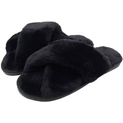 AONEGOLD Hausschuhe Damen Winter Warm Fluffy Plüsche Pantoffeln Indoor Home Leicht Slippers rutschfeste Bequem Flache Slippers(Schwarz,Größe 38-39) von AONEGOLD