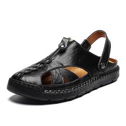 AONEGOLD Sandalen Herren Leder Sommer Strand Clogs Slipper Outdoor Trekking Wandersandalen Geschlossene Atmungsaktive Sandalen Pantoletten(Schwarz,44 EU) von AONEGOLD