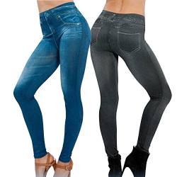 AONER Damen Leggings 2 stk. Herbst skinny Leggins elastisch (XXL, Schwarz + Blau) von AONER