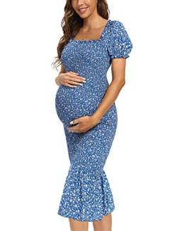 AONESX Mutterschaft Sommer Floral Midi Bodycon Kleider, Kurze Puffärmel Quadratischer Ausschnitt Rüschen Saum Meerjungfrau Baby Dusche Kleid, Blau, Mittel von AONESX