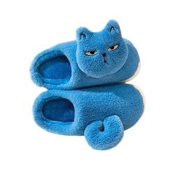 AONETIGER Hausschuhe Damen Winter Warme Flauschige Hausschuhe Plüsch Herren Pantoffeln Bequeme Kunstpelz Gefüttert Rutschfeste Slippers(44/45EU,Blaue Katze) von AONETIGER