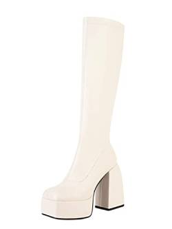 AOOAR Damen Plateau Chunky High Heels Kniehohe Stiefel Elastische Absatzschuhe Weiß EU 34 von AOOAR