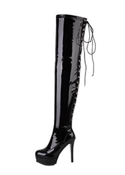 AOOAR Damen Plateau Overknees Stiefel 12 cm Stiletto High Heel Langschaft Schnürstiefel Schwarz Lack EU 35 von AOOAR