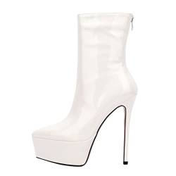 AOOAR Damen Plateau Stiletto Stiefeletten mit Absatz Halbschaft High Heel Stiefel Weiß Lack EU 35 von AOOAR