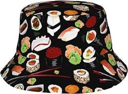 AOOEDM Japanischer Sushi-Druck-Eimerhut, Reise-Eimer, Strand-Sonnenhut, Unisex-Fischerhüte, Sonnenhut, Schwarz von AOOEDM