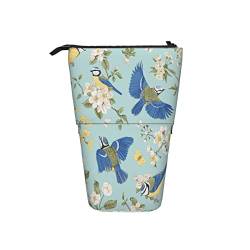 AOOEDM Tits and Blooming Trees Teleskop-Federmäppchen Stand Up Pen Bag Blue Birds and White Flowers Chinoiserie Vintage Green Pencil Organizer, Portable Pencil Bag for School Office von AOOEDM
