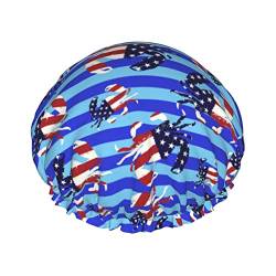 Amerikanische Flagge Crab Blue Stripes Luxus-Duschhaube für Damen, wasserdicht, wiederverwendbar, PEVA-Futter, verstellbarer, elastischer Saum für alle langen Haare von AOOEDM