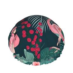 Duschhaube, Flamingo Tropische Pflanzen Blumen Wiederverwendbare Badehauben Für Frauen Langes Haar, Doppellagiger Wasserdichter Badeduschhut Haarschutz Für Kinder Mädchen Frauen, 1 Packung von AOOEDM