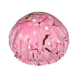 Duschhaube Plum Blossom Pink Flowers Wiederverwendbare Badehauben für Frauen, langes Haar, doppellagig, wasserdicht, Badehaube, Haarschutz für Kinder, Mädchen, Frauen, 1 Packung von AOOEDM