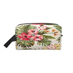 Kulturbeutel mit tropischen Blumen, Hibiskusblüten, grüne Blätter, Dekor, Hawaii-Stil, Sommer, Rot, Beige, Make-up-Tasche, Reise, Kosmetiktasche, kleine Tasche, Aufbewahrungstasche, Organizer für Frau von AOOEDM