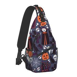 Modischer Sling-Rucksack für Jungen und Herren, Halloween, Zuckerschädel, Kürbis, Umhängetasche, Anti-Diebstahl-Sporttasche mit verstellbarem Riemen zum Wandern, Radfahren von AOOEDM