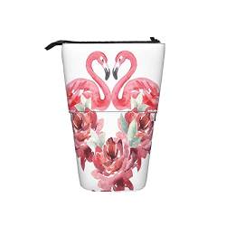 Pink Flamingo Teleskop-Federmäppchen, aufstellbar, Federmäppchen, Rosen, Aquarell, ein Herz aus Pfingstrosen und Flamingos auf einem weißen Liebeshintergrund, romantisch, süß, tragbar, Teleskop-Bleist von AOOEDM