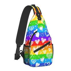 Rainbow Hearts Sling Bag für Damen Herren, Umhängetaschen, lässiger Sling-Rucksack, Brusttasche, Reisen, Wandern, Tagesrucksack für den Außenbereich von AOOEDM