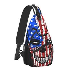 Sling Bag American Flag Skull Head Black Crossbody Rucksack für Herren Jungen, Leichte Umhängetasche Anti-Diebstahl Sporttasche für Wandern Reisen Radfahren von AOOEDM