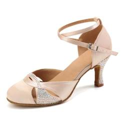 AOQUNFS Tanzschuhe Damen Latein Geschlossene Satin Strass Salsa Tango Bachata Ballsaal Performance Tanzschuhe,L157-Beige-7.5,43EU von AOQUNFS