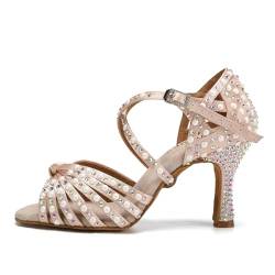 AOQUNFS Tanzschuhe Damen Latein Strass Absatz Glitzer Offen Professionell Salsa Tango Bachata Party Hochzeit Ballsaal Schuhe,L429-7.5-Beige,EU36 von AOQUNFS