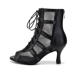 AOQUNFS Tanzstiefel Damen Latein Stöckelabsatz Schnüren Stiefel für Salsa Tango Bachata Ballsaal Party Leistung Tanzschuhe,L446-NegroPU-7.5,EU36 von AOQUNFS